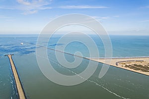 aerial shot of Port of Rotterdam Maasvlakte harbor extension on land reclaimed from North Sea