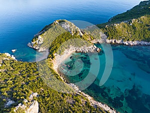 Aerial shot of Porto Timoni beach on Corfu Island, Greece. Beach and lagoon with turquoise water, nature of