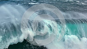 Aerial shot of powerful tsunami wave. Slow motion