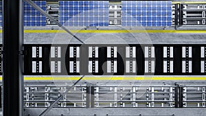 Aerial shot of PV cells in modern automated facility, 3D render