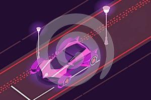 An aerial shot of a racing car zooming through a city street its headlights illuminating the night. Speed drive concept