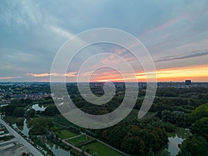 Aerial shot of Rijswijk city at sunset in the Netherlands.