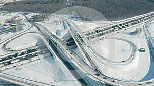 Aerial shot of a road interchange in winter