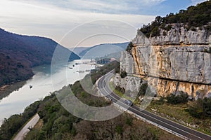 Aerial shot of a road in Lim Bay, located in Istria, Croatia