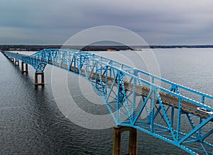 Aerial shot of the Robert O Norris bridge spanning the Rappahannock River in Virginia.