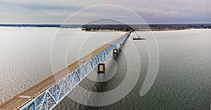 Aerial shot of the Robert O Norris bridge spanning the Rappahannock River in Virginia.