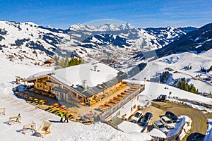 Aerial shot of Saalbach-Hinterglemm Alpine resort town in  Austria photo