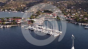 Aerial shot of  sailing boats in Selimiye bay in Marmaris