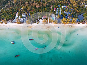 Aerial shot of the Saracen Bay surrounded by greenery in Koh Rong Samloem, Cambodia