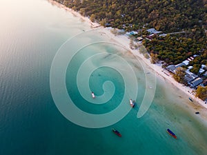 Aerial shot of the Saracen Bay surrounded by greenery in Koh Rong Samloem, Cambodia