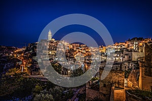 Aerial shot of Sassi di Matera, Basilicata at night photo