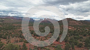 Aerial shot of scenic red rock formations in Sedona, AZ, USA
