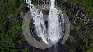 Aerial shot of Skjervsfossen waterfall in Granvin, Norway