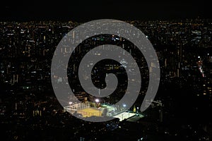 Aerial shot of the skyline of the city of Tokyo at night, Japan