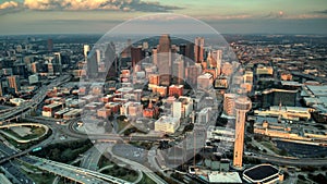 Aerial shot of the skyline of downtown Dallas, Texas during a sunset