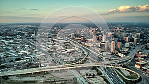 Aerial shot of the skyline of downtown Dallas, Texas during a sunset