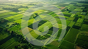 An aerial shot of a sprawling countryside landscape divided into sections of bioenergy crops and natural habitats for