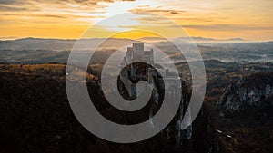 Aerial shot of the Srebrenik Fortress in Gornji Srebrenik, Bosnia and Herzegovina at sunset