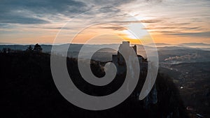 Aerial shot of the Srebrenik Fortress in Gornji Srebrenik, Bosnia and Herzegovina at sunset