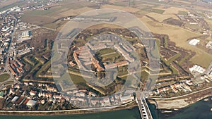 Aerial shot of star shaped Citadel or Cittadella of Alessandria. Piedmont, Italy