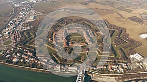 Aerial shot of star shaped Citadel or Cittadella of Alessandria. Piedmont, Italy