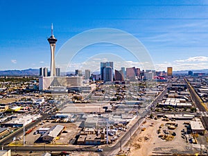 Aerial shot of Stratosphere Hotel in Las Vegas, USA