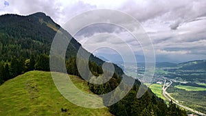 Aerial shot of successive forested hills and valleys, Bludenz, Vorarlberg, Austria