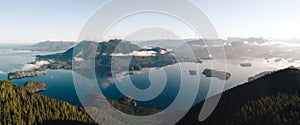 Aerial shot of sunrise over Tofino bay