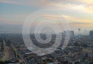 Aerial shot at sunrise of Petaling Jaya, suburb of Kuala Lumpur, Malaysia