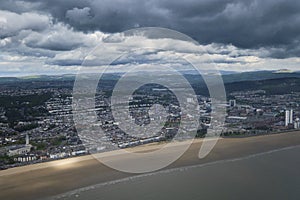Aerial shot of Swansea City, Bay and Beach, South Wales