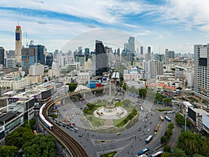 Aerial shot taken from a drone of Victory Monument. is the center of Bangkok and the movement of people in the city of Thailand