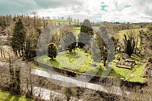 Aerial shot of the Tassagh Old Graveyard in Armagh, Norther Ireland.