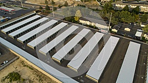 aerial shot of temp self storage units