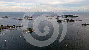 Aerial shot of the Thimble Islands in Branford, CT, USA