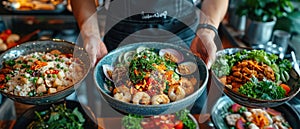 Aerial shot of third-culture cuisine dishes in a fusion restaurant, cultural blend with ambient lighting and rich colors