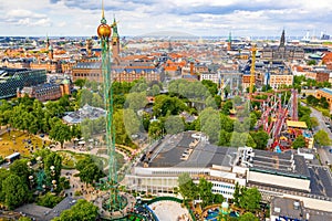 Aerial shot of Tivoli Gardens amusement park located in Copenhagen, Denmark during daylight