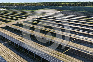 Aerial shot top view of solar panel photovoltaic farm