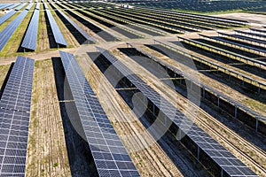 Aerial shot top view of solar panel photovoltaic farm