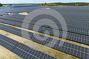 Aerial shot top view of solar panel photovoltaic farm