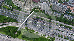 AERIAL Shot of traffic moving on overpasses,Shanghai,China.