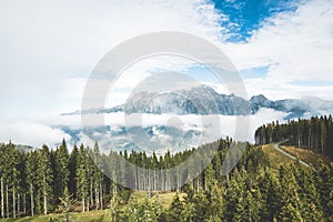 Aerial shot of a tree-covered hill above the clouds with mountains in the distance