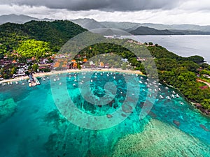 Aerial shot of the tropical bay with sandy beach