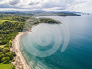 Aerial shot of the tropical beach Playa Arenillas in Costa Rica in peninsula Papagayo coast in guanacaste