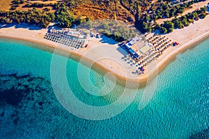 Aerial shot of Tuerredda beach on a beautiful day, Sardinia, Italy. Aerial drone view of Tuerredda in Sardegna. Famous Tuerredda photo