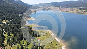 Aerial shot of a turquoise lake surrounded by pine trees, houses and mountains on the horizon