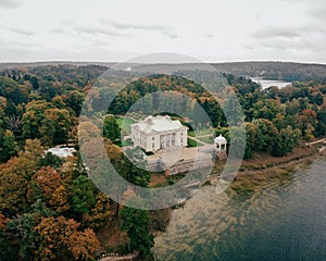 Aerial shot of the Uzutrakis Manor in Trakai, Lithuania during daylight