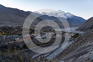 Aerial shot of the village of Muktinath in Nepal in winter