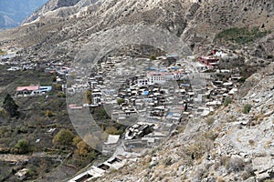 Aerial shot of the village of Muktinath in Nepal in winter