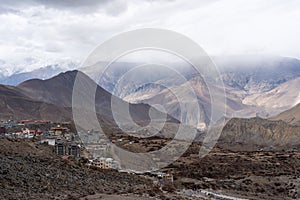 Aerial shot of the village of Muktinath in Nepal in winter