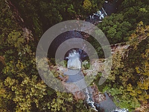 Aerial shot of a waterfall in a valley, Belmore Falls, New South Wales Austalia